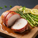 Juicy bacon wrapped chicken breast with roasted asparagus and lemon