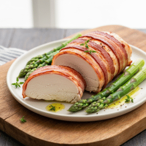 Crispy bacon wrapped chicken breast with asparagus recipe