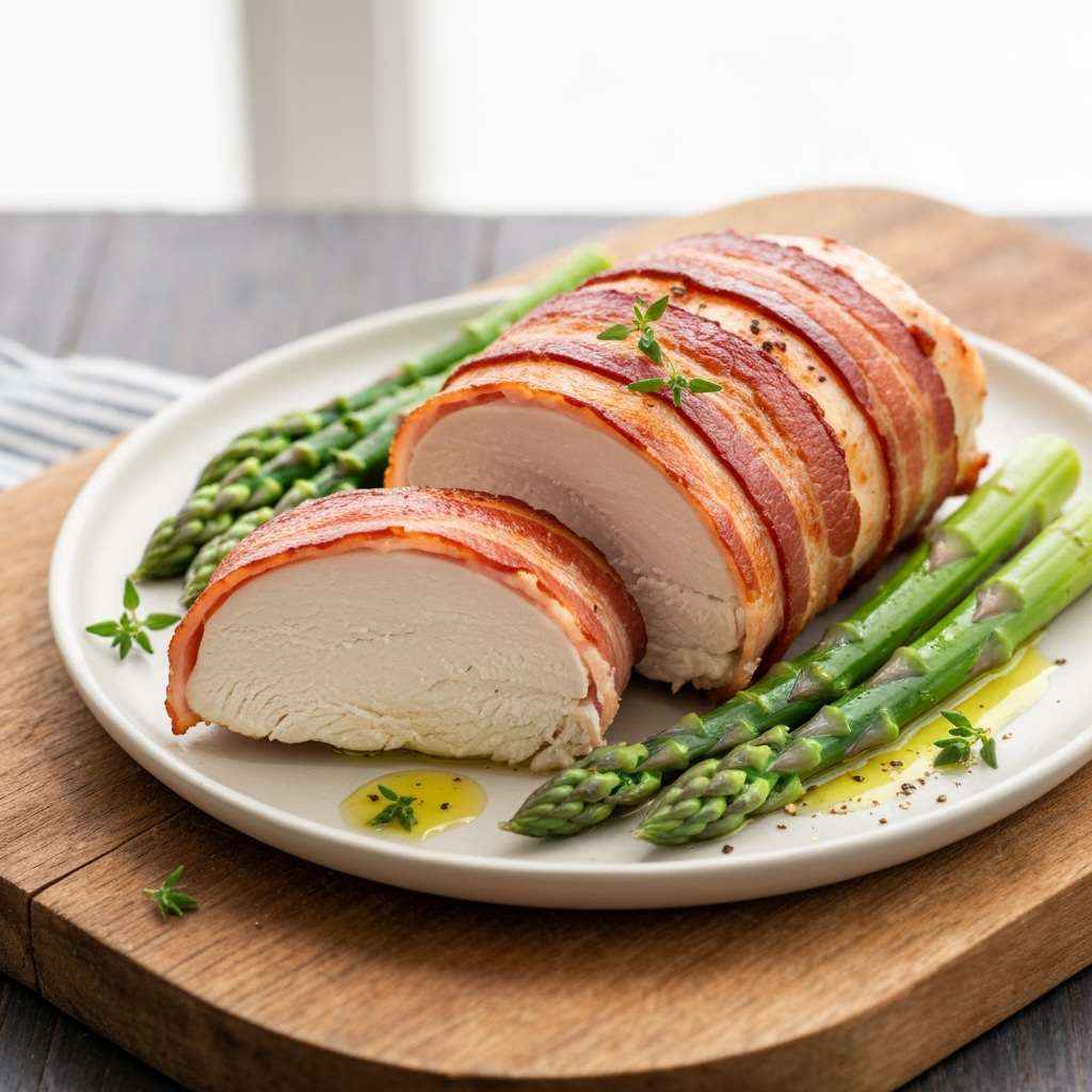 Crispy bacon wrapped chicken breast with asparagus recipe