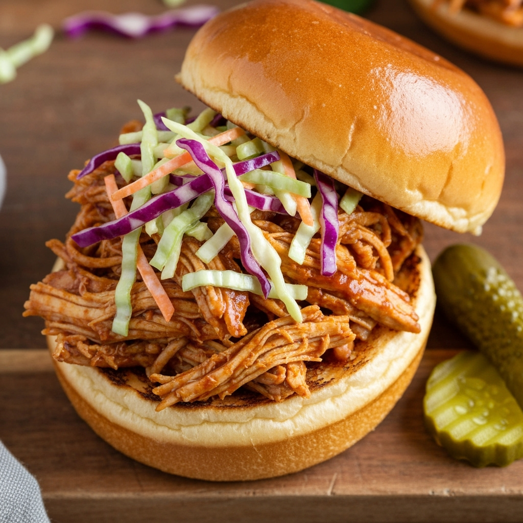 Crockpot BBQ chicken sandwich with coleslaw on brioche bun