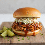 Crockpot BBQ chicken sandwich with creamy coleslaw on bun.