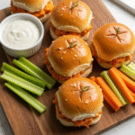 Buffalo chicken sliders with celery sticks and ranch dressing