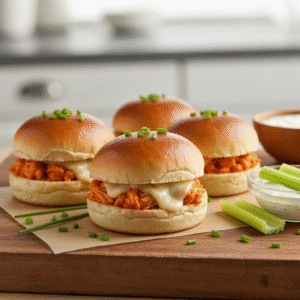 Buffalo chicken sliders with melted cheese and ranch dressing.