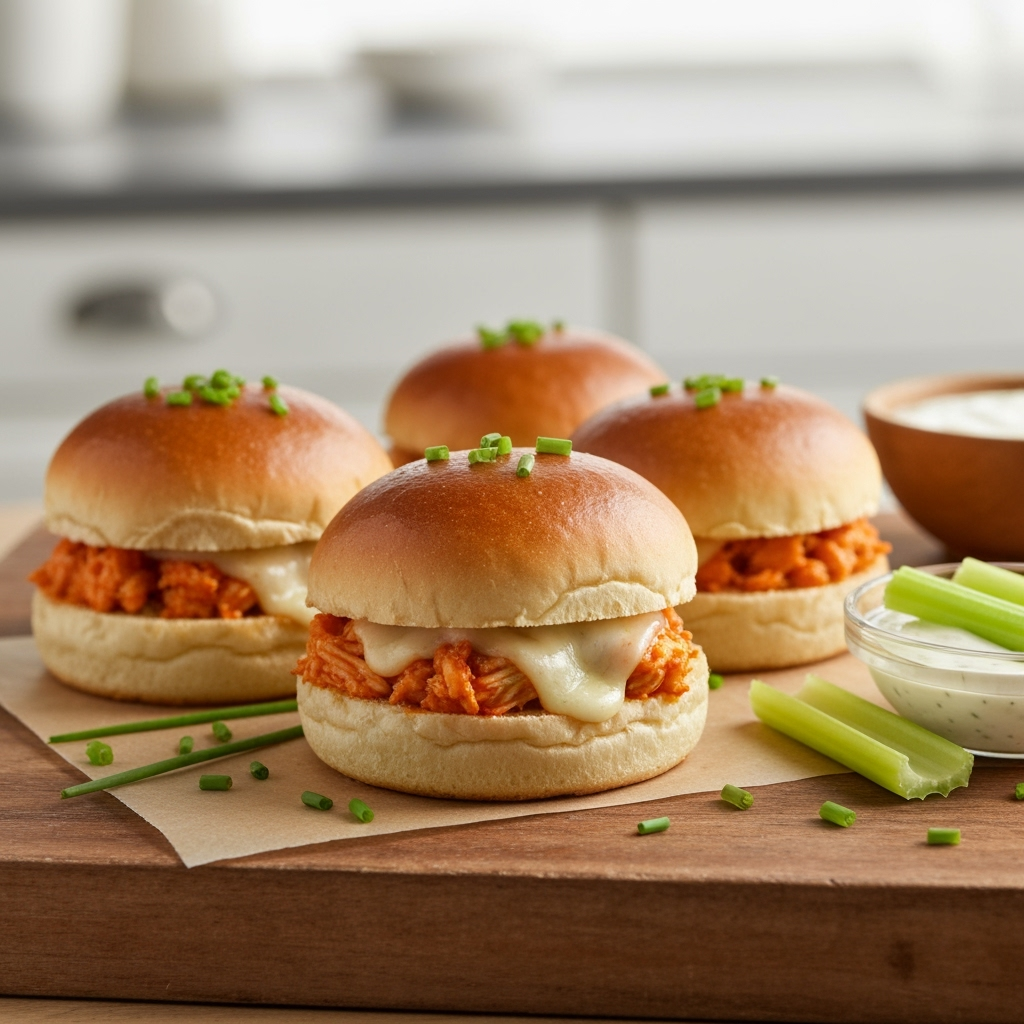 Buffalo chicken sliders with melted cheese and ranch dressing.