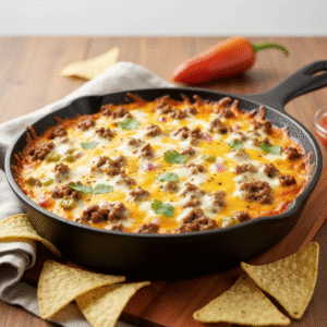 Cheesy baked cowboy dip in a rustic cast iron skillet