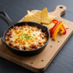 Golden bubbly cheesy baked cowboy dip with tortilla chips and peppers.