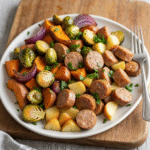 Chicken apple sausage sheet pan dinner with roasted vegetables.