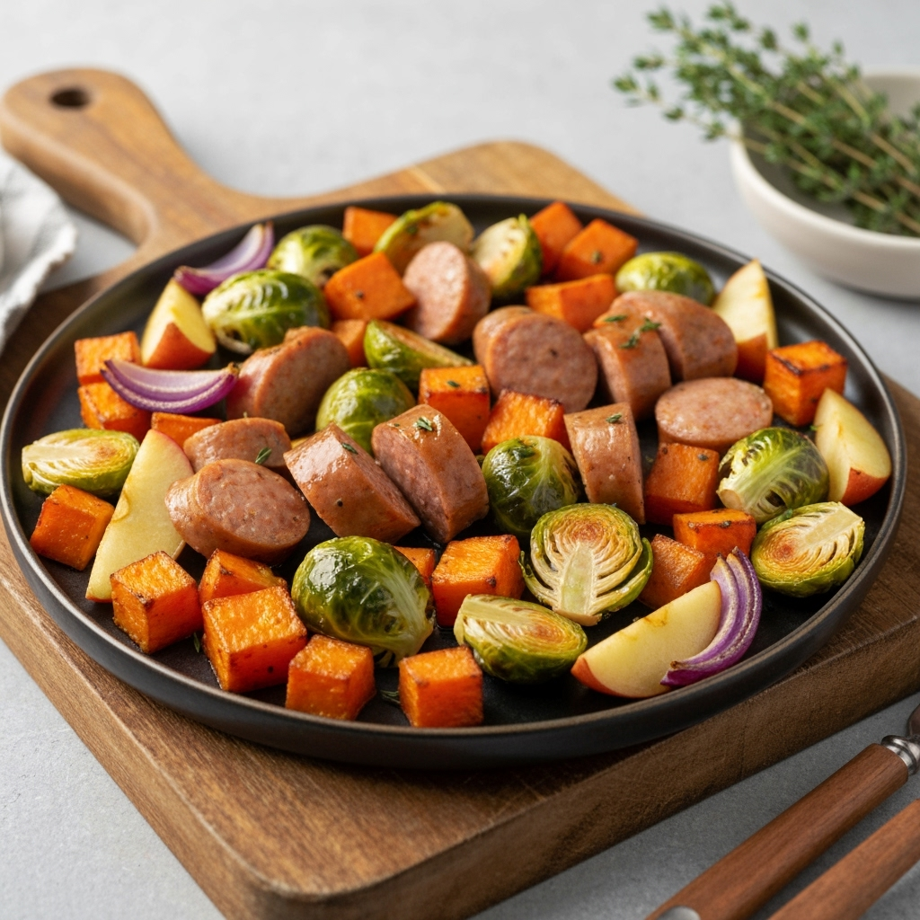 Chicken apple sausage sheet pan dinner with roasted vegetables.