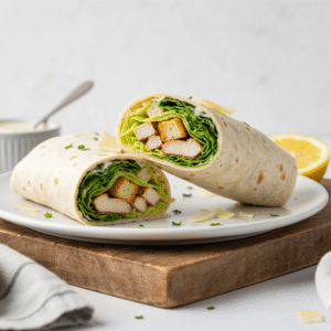 Sliced chicken Caesar wrap with grilled chicken and creamy dressing.
