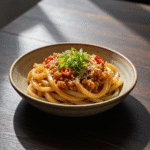Spicy chilli garlic udon noodles with sesame seeds.