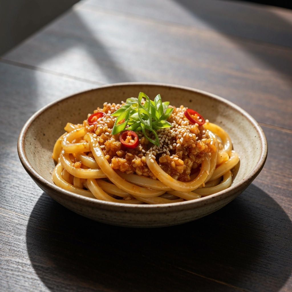 Spicy chilli garlic udon noodles with sesame seeds.
