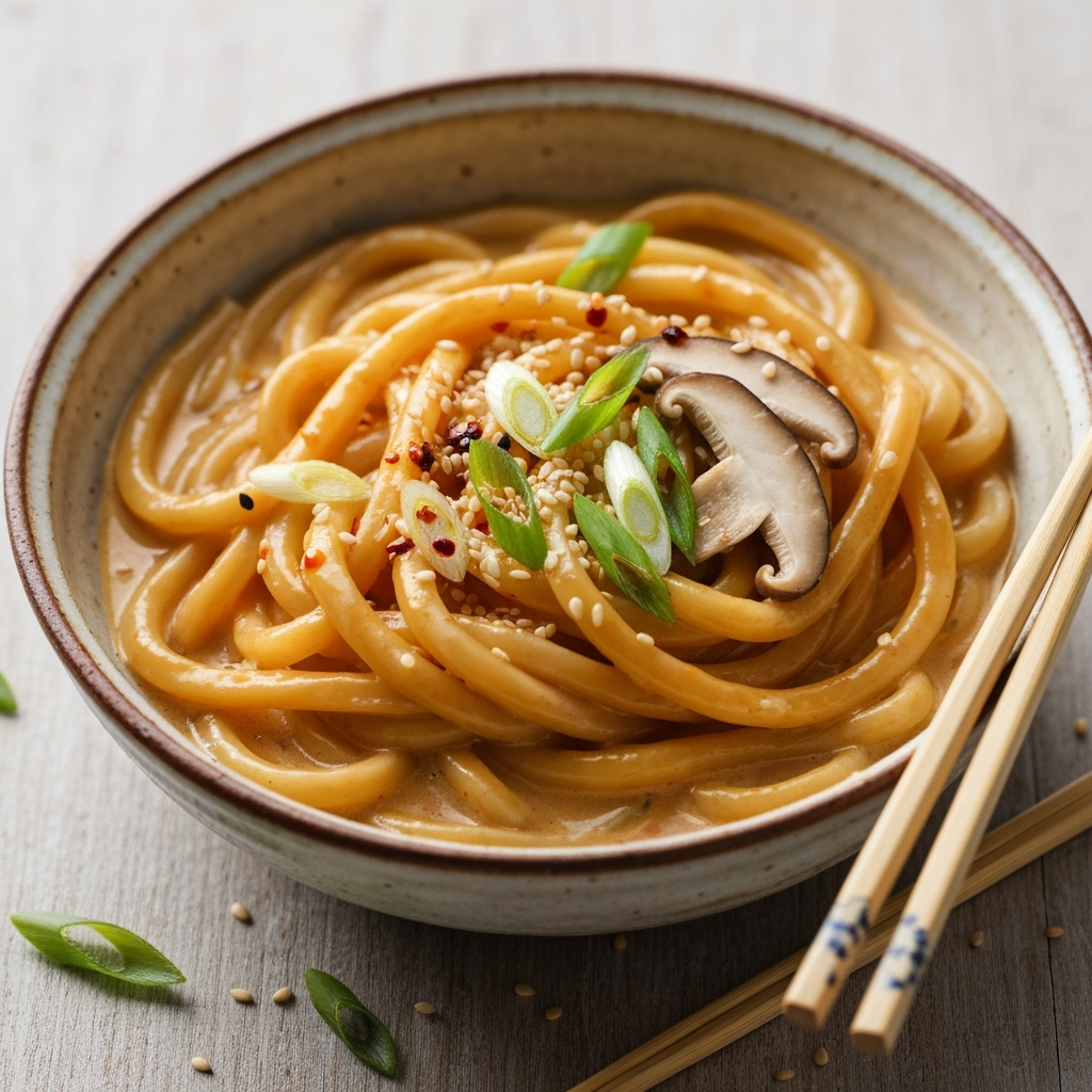 Creamy miso udon noodles with green onions and sesame seeds.