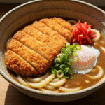 Golden brown chicken katsu curry udon in a rustic bowl.