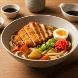 Crispy chicken katsu curry udon noodles with soft boiled egg.