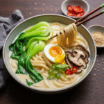 Creamy miso udon noodles with bok choy and mushrooms.
