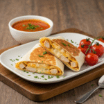 Cozy cheesy garlic chicken wraps with tomato soup for dipping.