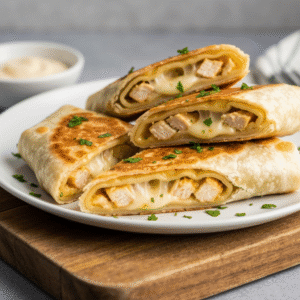 Crispy cheesy garlic chicken wraps recipe on wooden board