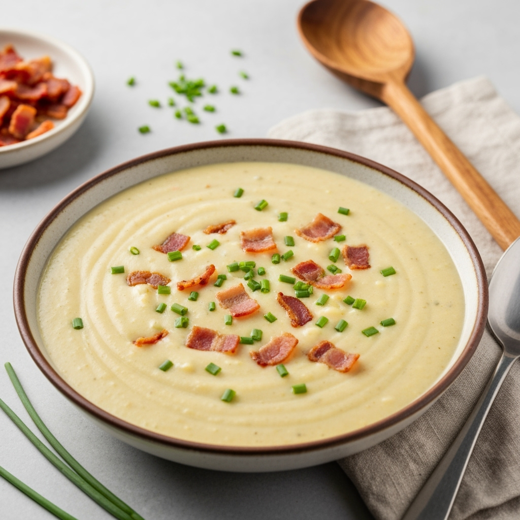 Creamy cheddar garlic herb potato soup with bacon chives