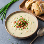 Creamy cheddar garlic herb potato soup with bacon and chives.