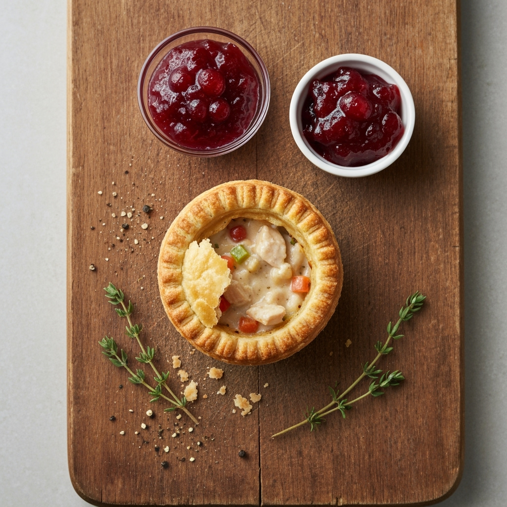 Mini chicken pot pie with cranberry sauce and thyme garnish.