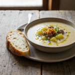Creamy sausage potato soup with crispy shallots and crusty bread
