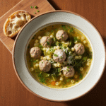 Italian Wedding Soup with meatballs, escarole, and pasta.