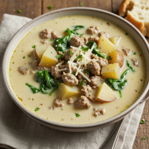 Creamy sausage potato soup recipe in rustic bowl.