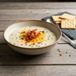Creamy keto chicken soup with bacon and cheddar cheese.