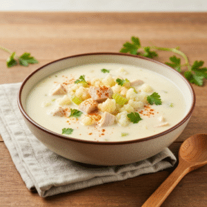 Creamy keto chicken soup with cauliflower and celery in bowl