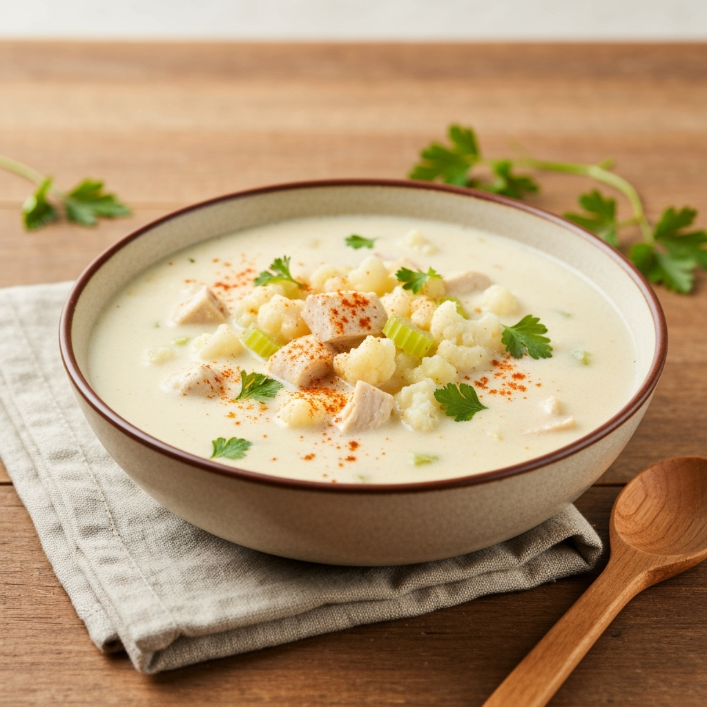 Creamy keto chicken soup with cauliflower and celery in bowl