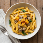 Creamy butternut squash pasta with Italian sausage and spinach