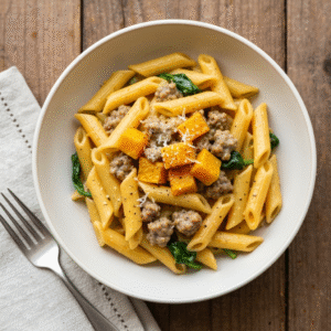 Creamy butternut squash pasta with Italian sausage and spinach