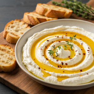 Creamy ricotta dip drizzled with hot honey and fresh thyme.