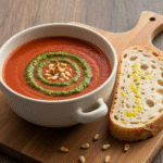Creamy tomato soup with basil pesto and crusty bread