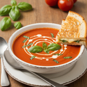 Creamy tomato soup with grilled cheese sandwich for dipping