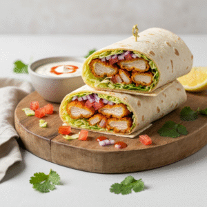 Crispy chicken wrap recipe with fresh vegetables and sauce.