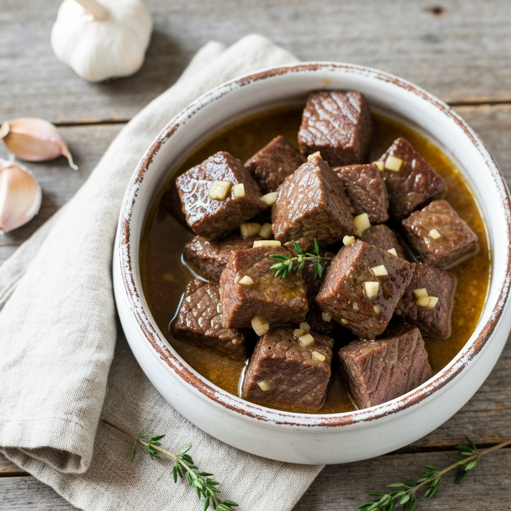 High protein slow cooker garlic butter beef bites recipe
