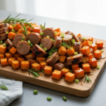 Sheet pan sausage and sweet potatoes with honey garlic sauce.