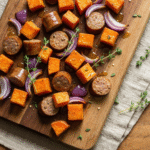 Sheet pan sausage and sweet potatoes with honey garlic sauce.