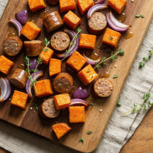 Sheet pan sausage and sweet potatoes with honey garlic sauce.