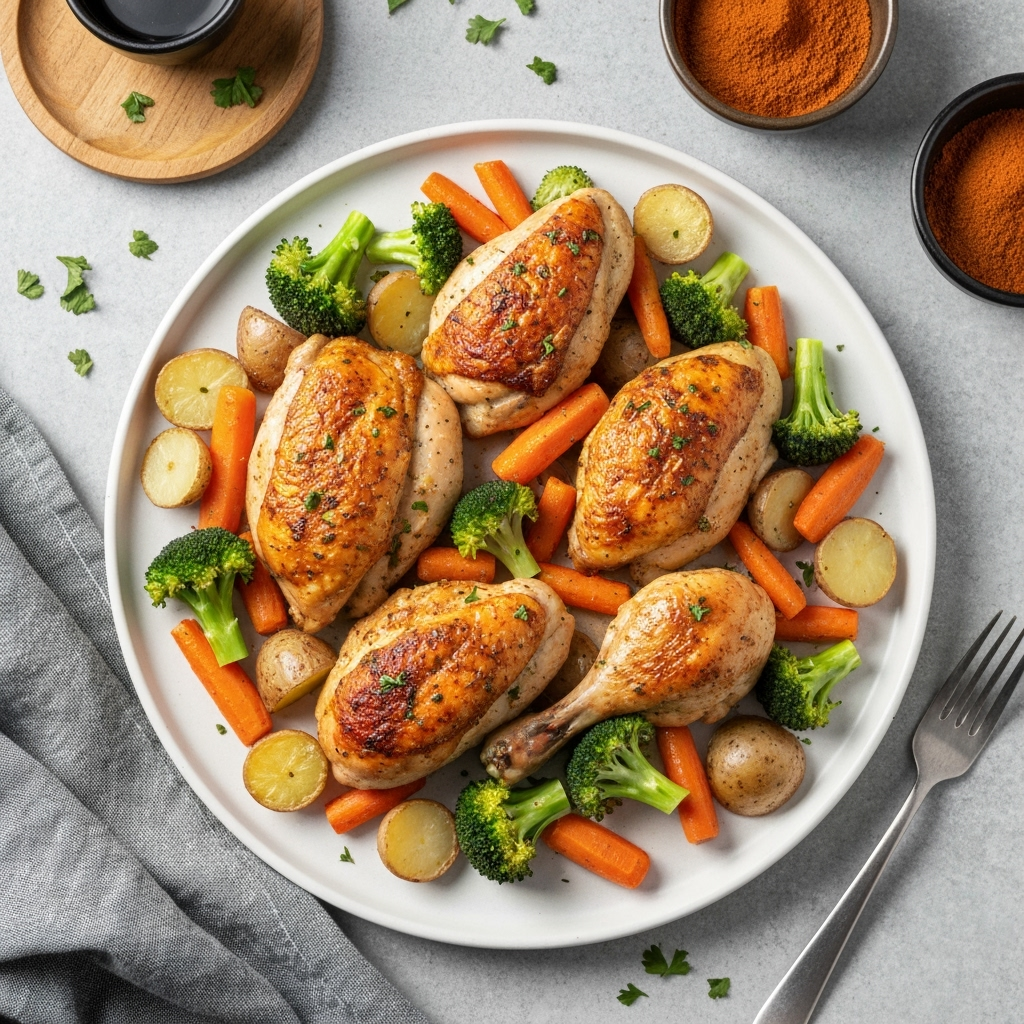 Easy sheet pan dinner with roasted chicken and colorful vegetables.