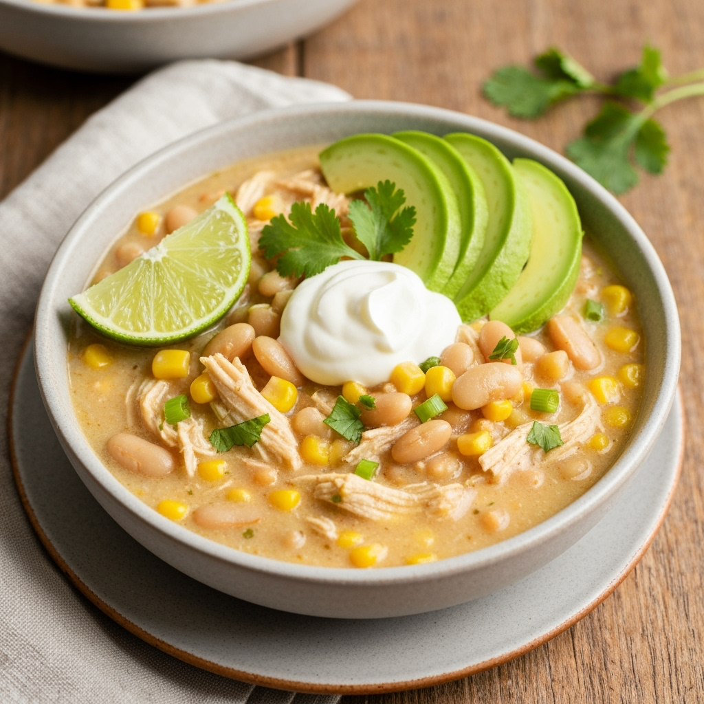 Creamy white chicken chili recipe in a rustic bowl.