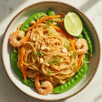 Glossy peanut noodle bowl with shrimp and crisp vegetables.