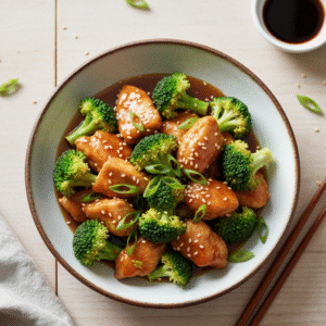 Colorful chicken and broccoli stir fry recipe with glossy sauce.