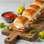 Italian Grinder Sliders with marinara sauce on rustic board
