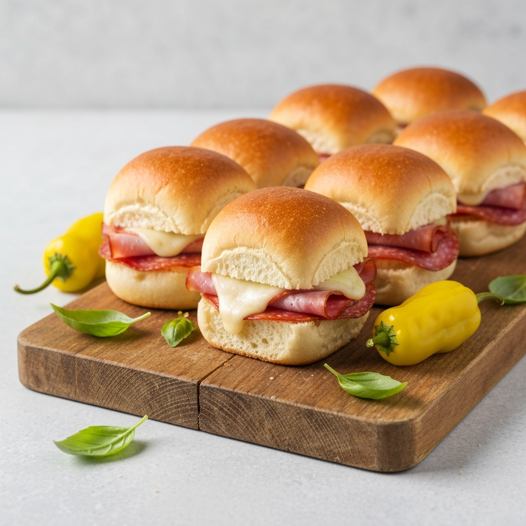 Freshly baked Italian grinder sliders with melted provolone cheese.