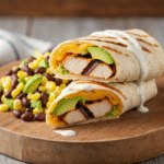 Easy chipotle ranch grilled chicken burrito sliced open on wood