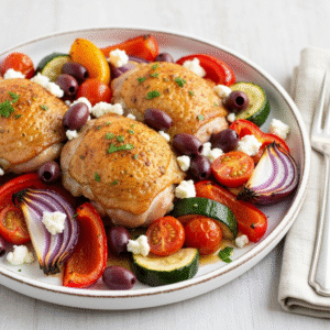 Greek sheet pan chicken dinner with feta and roasted vegetables.