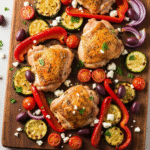 Greek sheet pan chicken dinner with roasted vegetables and feta cheese.