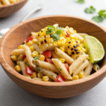 Healthy street corn pasta salad in a rustic wooden bowl.